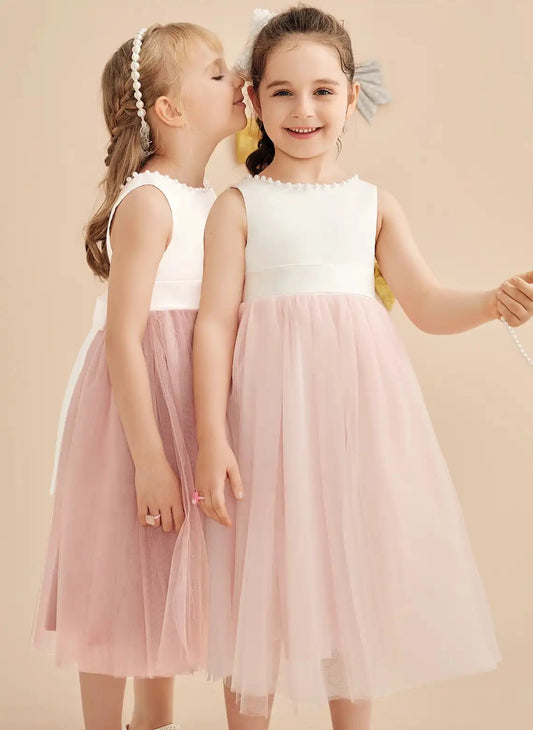 Elegant A Line Pearl Neck Sleeveless V Back Midi Flower Girl Dress