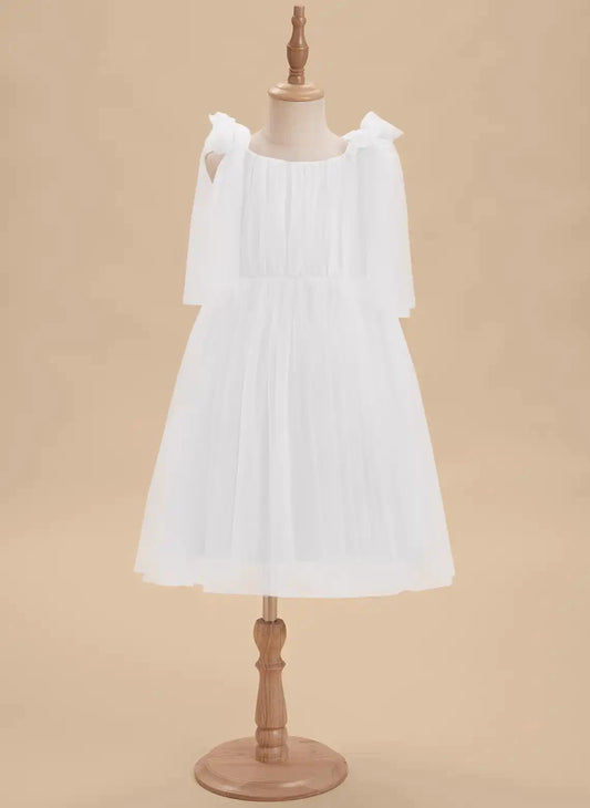 Romantic A Line Square Neck Sleeveless V Back Tea Length Flower Girl Dress