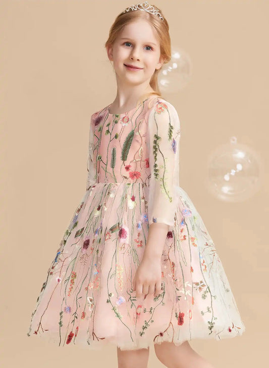 Vibrant A?Line Round?Neck 3/4?Sleeve Zipper?Back Knee?Length Flower Girl Dress