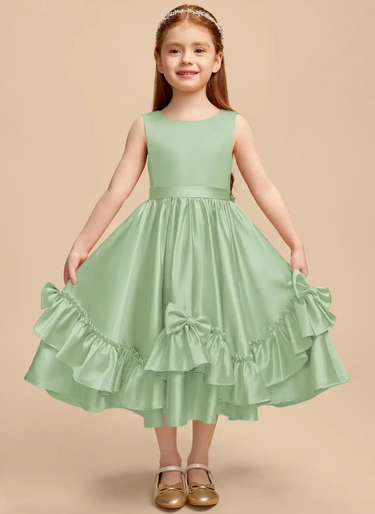 Elegant A-Line Round Neck Sleeveless V-Back Midi Junior Bridesmaid Dress
