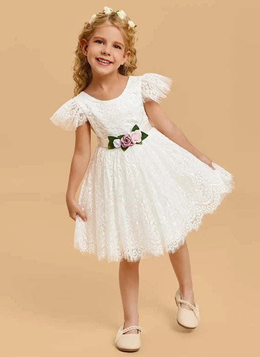 Elegant A Line Round Neck Flutter Sleeve V Back Knee Length Flower Girl Dress