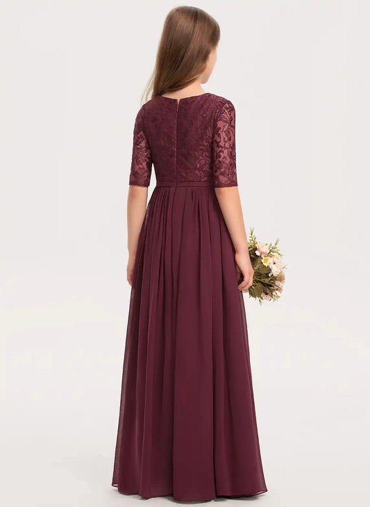 Elegant A-Line Round Neck Elbow Sleeve Zipper Back Maxi Junior Bridesmaid Dress