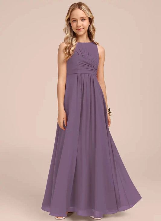 Flowy A Line Round Neck Sleeveless V Back Floor Length Junior Bridesmaid Dress