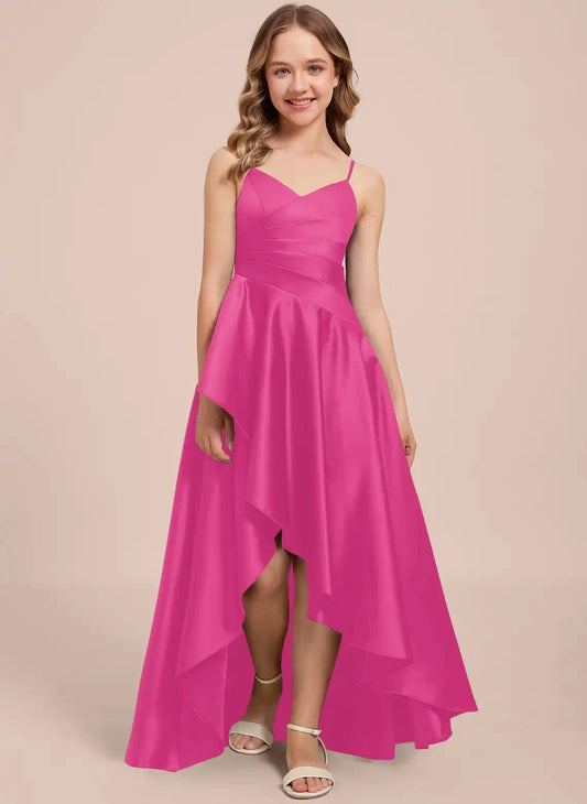 Luxury Satin A-line V-neck Spaghetti Straps Open Back Hi-Lo Junior Bridesmaid Dress