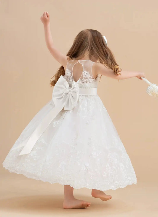 Elegant A?Line Illusion Neck Sleeveless Keyhole Back Ankle?Length First Communion Dress