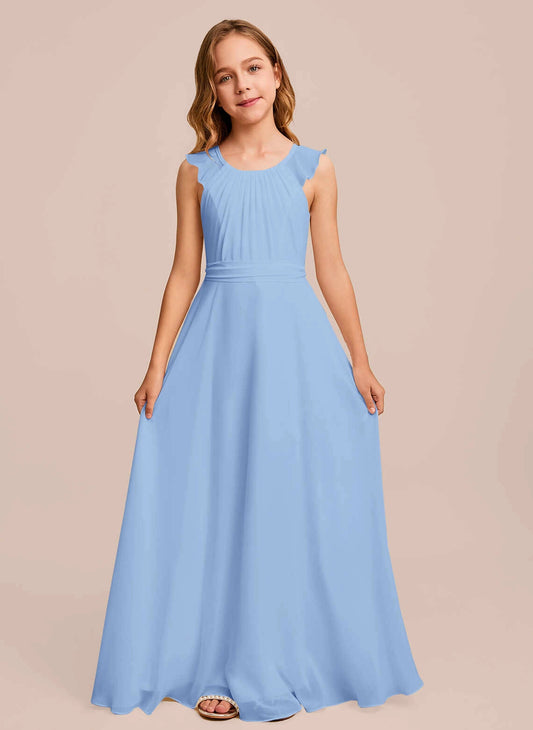 Elegant A?Line Round Neck Ruffle Sleeveless V?Back Floor?Length Junior Bridesmaid Dress