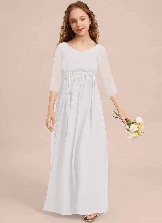 Elegant A?Line V?Neck 3/4 Sleeve V?Back Floor?Length Junior Bridesmaid Dress