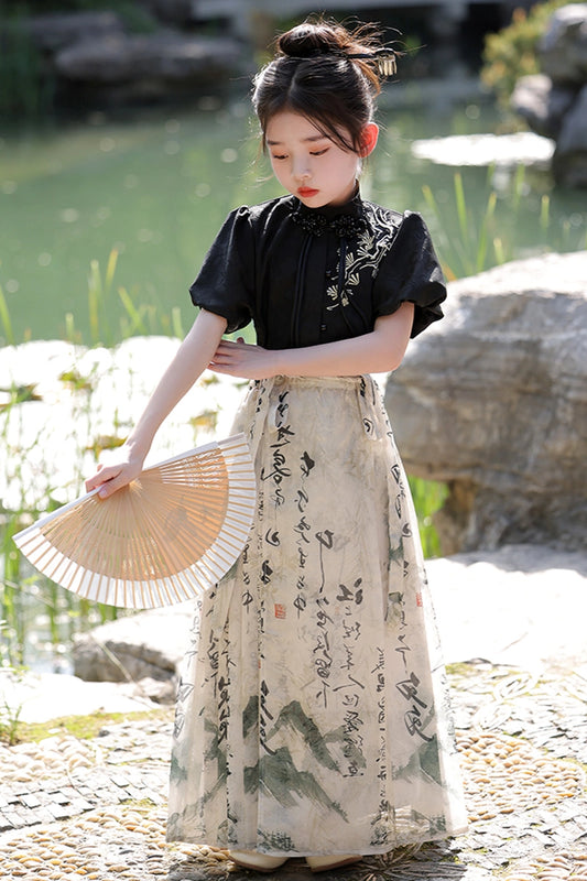 Elegant A Line Mandarin Collar Puff Sleeve Closed Back Maxi Cultural Dress