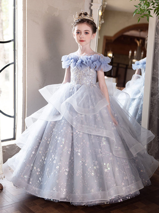 Dreamy Ball Gown Round Neck Ruffle Sleeve Closed Back Floor Length Pageant Dress