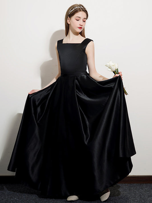 Elegant A Line Square Neck Sleeveless Bow Back Floor Length Girls Dress