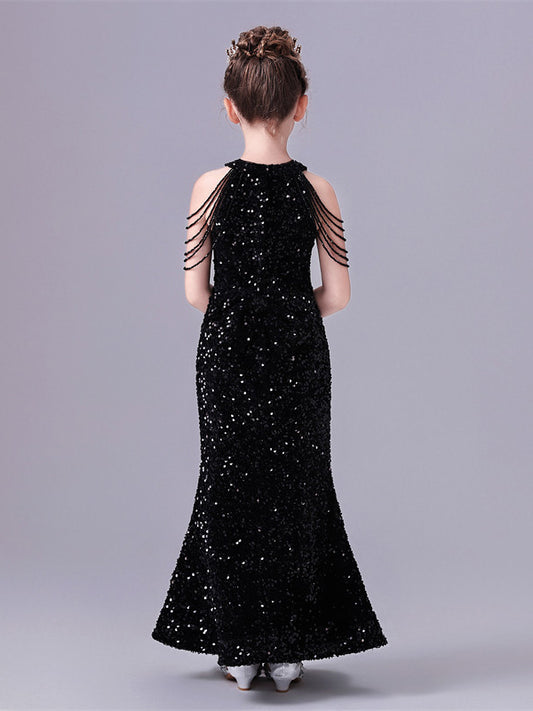 Glamorous Mermaid Halter Sleeveless Draped Back Floor Length Pageant Dress