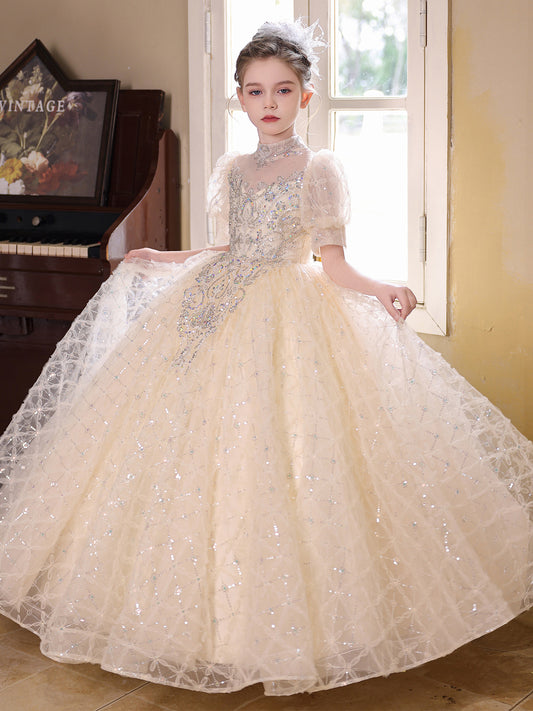 Elegant Ball Gown High Neck Puff Sleeve Zip Back Floor Length Girls Dress