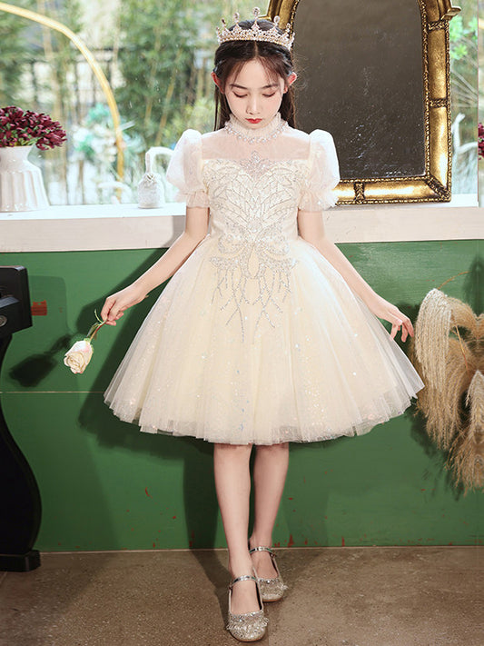 Sparkling A Line High Neck Puff Sleeve Closed Back Knee Length Pageant Dress