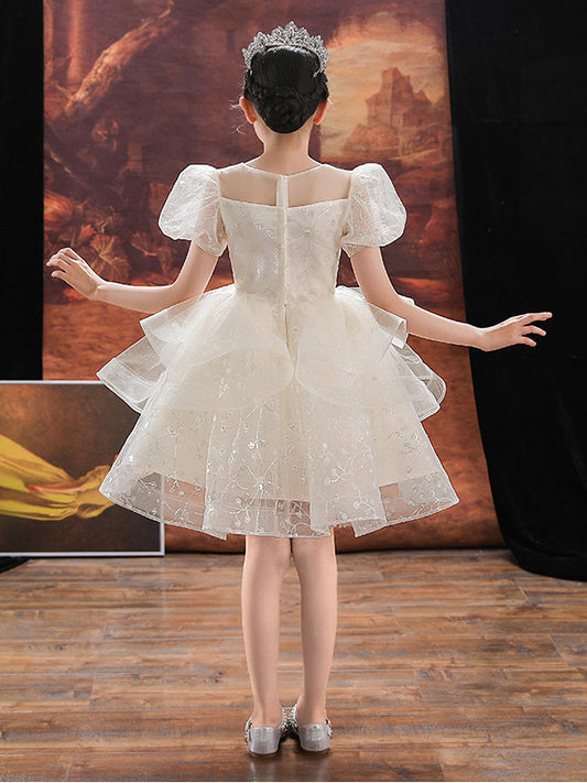 Elegant A Line Illusion Neck Puff Sleeve Zip Back Knee Length Girls Dress