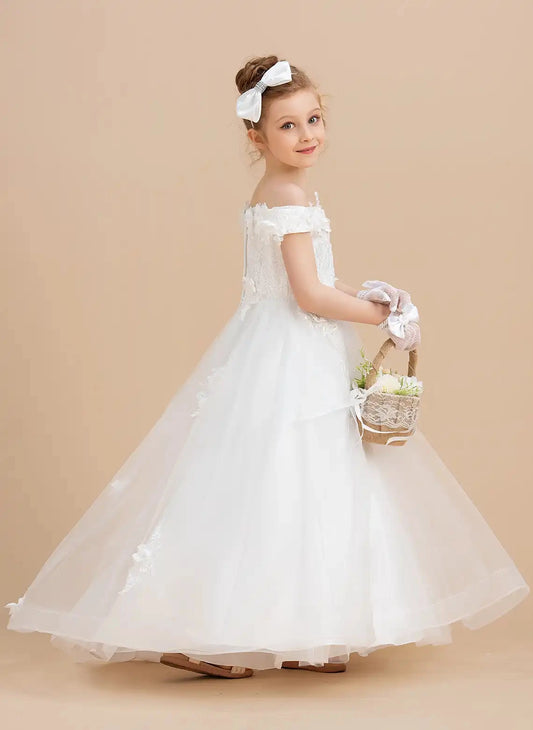 Elegant A Line Off Shoulder Short Sleeve Back Zip Floor Length Flower Girl Dress