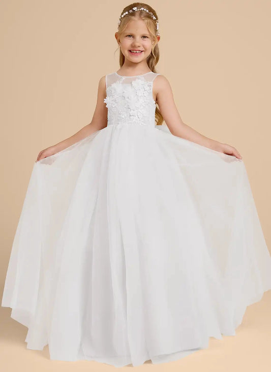 Elegant A-line Round Sleeveless V Back Long Flower Girl Dress
