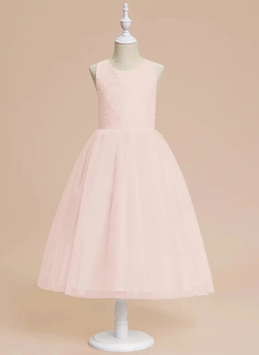 Elegant A Line Round Neck Sleeveless Criss Cross Back Midi Flower Girl Dress