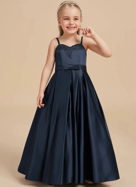 Elegant A Line Round Neck Elbow Sleeve Illusion Back Floor Length Flower Girl Dress