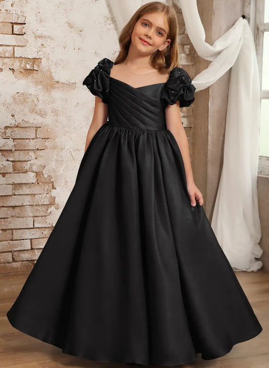 Heowos Puff Sleeve Flower Girl Dress | Bow Back Satin Communion Gown
