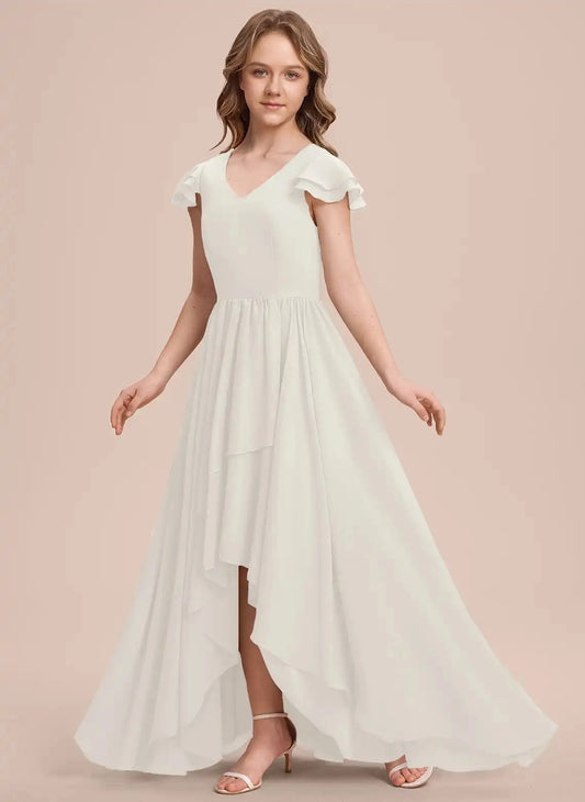 Elegant A?Line V?Neck Ruffle Sleeve Zipper?Back Hi?Lo Junior Bridesmaid Dress
