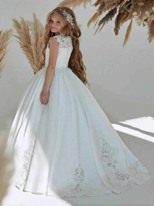 Elegant Ball Gown Illusion Neck Sleeveless Lace Back Train Length Flower Girl Dress