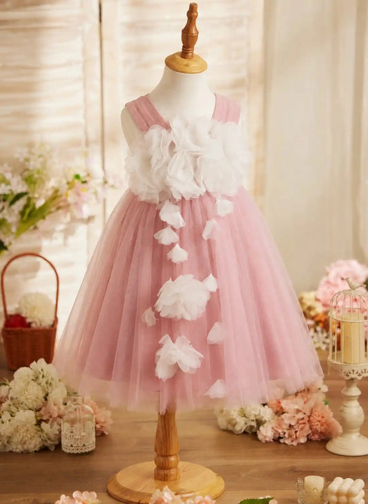 Elegant A Line Square Neck Sleeveless Bow Back Tea Length Flower Girl Dress