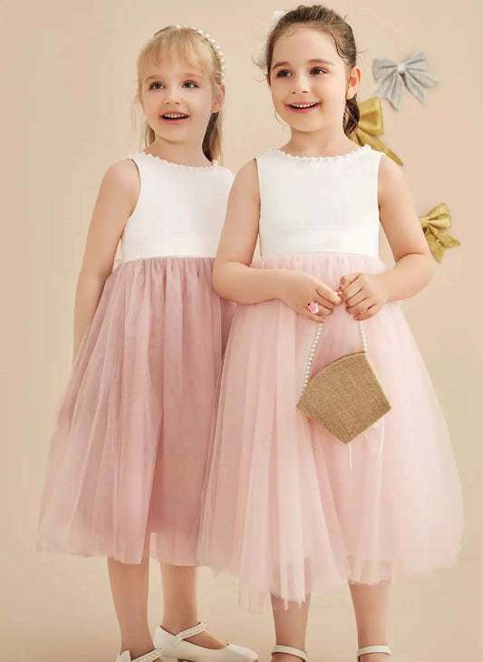 Elegant A Line Pearl Neck Sleeveless V Back Midi Flower Girl Dress