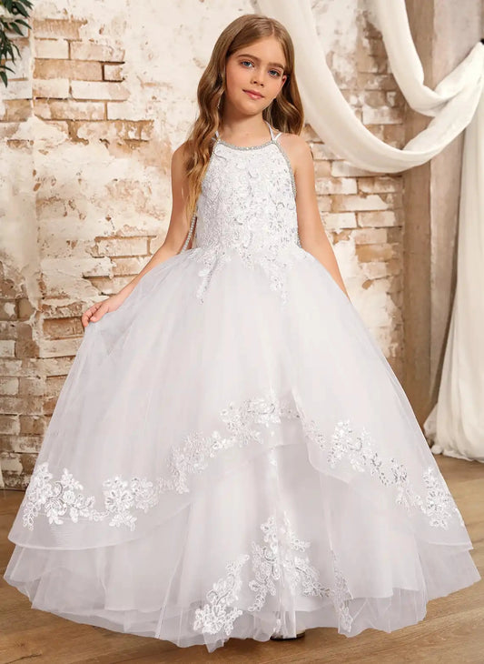 Elegant Ballgown Halter Sleeveless Tie Open Back Floor Length Communion Dress