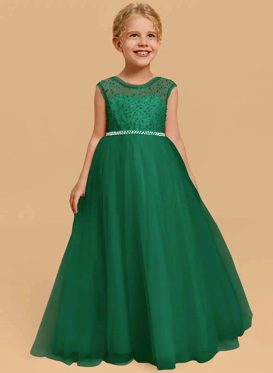 Sparkly A-Line Round Neck Sleeveless V-Back Floor-Length Flower Girl Dress