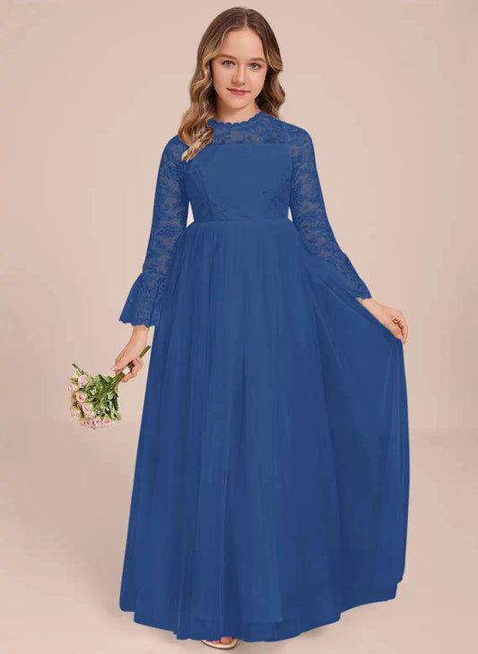 Elegant A?Line High Neck Bell Sleeve Keyhole Back Maxi Junior Bridesmaid Dress