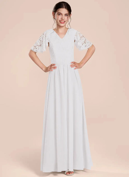 Elegant A?Line V?Neck Flutter Sleeve V?Back Floor?Length Junior Bridesmaid Dress