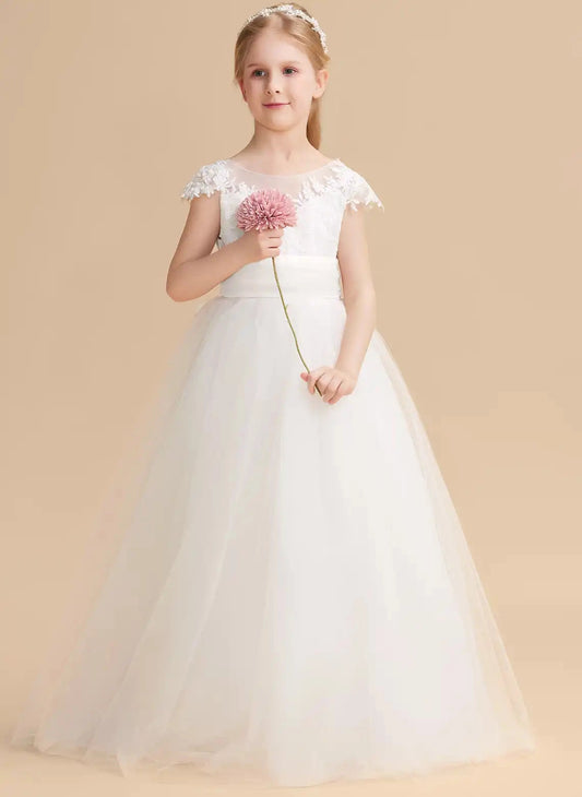 Elegant A?Line Illusion Neck Cap Sleeve V?Back Floor?Length First Communion Dress
