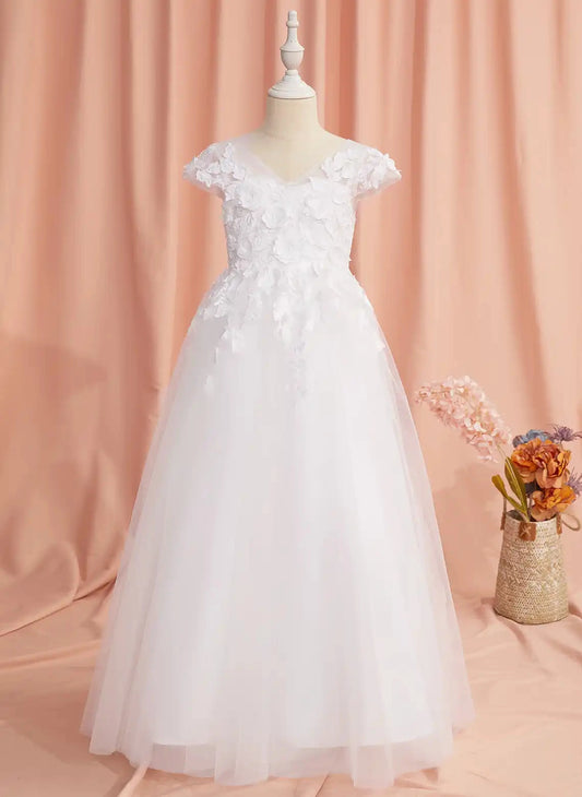 White Floral A-Line V Neck Cap Sleeve V-Back Floor Length First Communion Dress