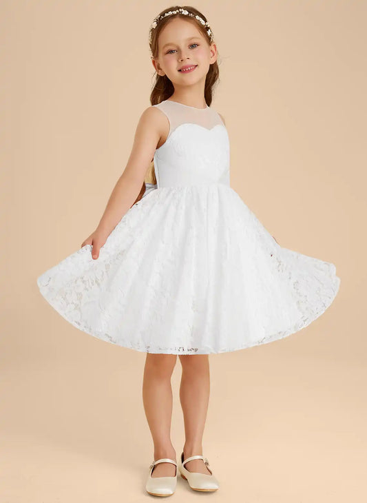 White A-Line Illusion Neck Sleeveless V-Back Knee Length First Communion Dress