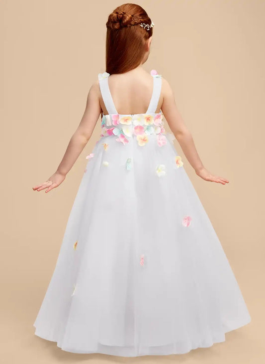 Colorful Appliqued A?Line V?Neck Sleeveless Open?Back Floor?Length Flower Girl Dress