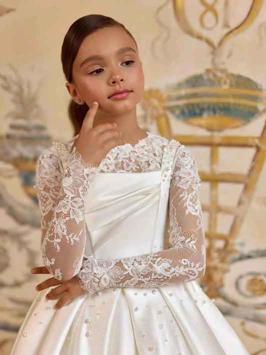 Elegant A?Line Square Neck Long Lace Sleeve Corset Back Train First Communion Dress