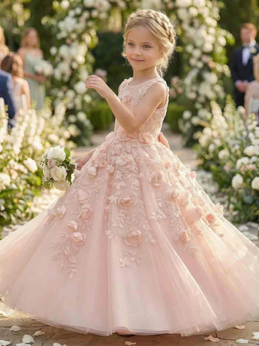 Blush Ballgown Round Neck Sleeveless Zipper Back Floor Length Flower Girl Dress