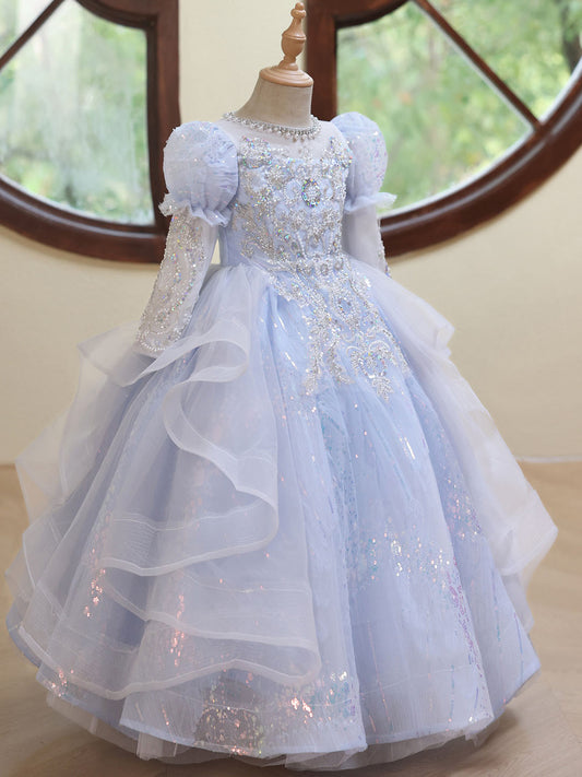 Luxurious Ball Gown Round Neck Puff Sleeve Floor Length Pageant Dress
