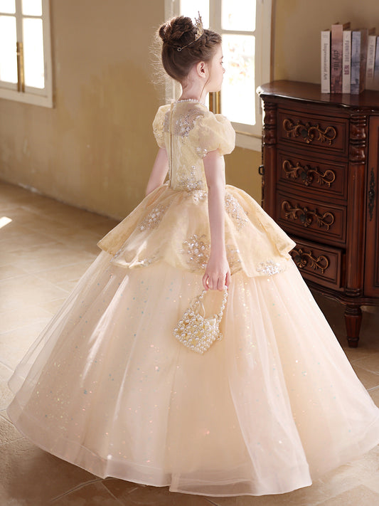 Luxurious Ball Gown Round Neck Puff Sleeve Closed Back Floor Length Pageant Dress