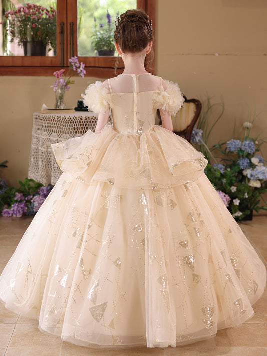 Elegant Ball Gown Round Neck Floral Sleeves Sheer Back Floor Length Pageant Dress