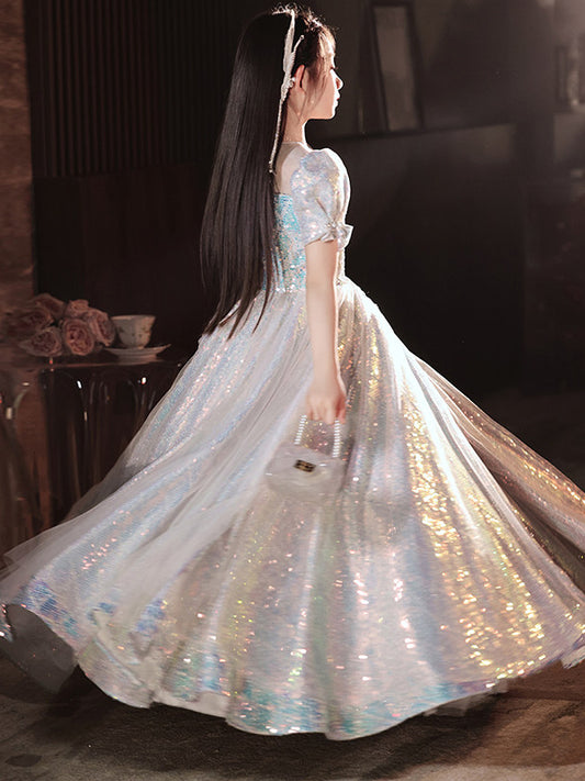 Sparkling Ball Gown Round Neck Puff Sleeve Back Floor Length Pageant Dress