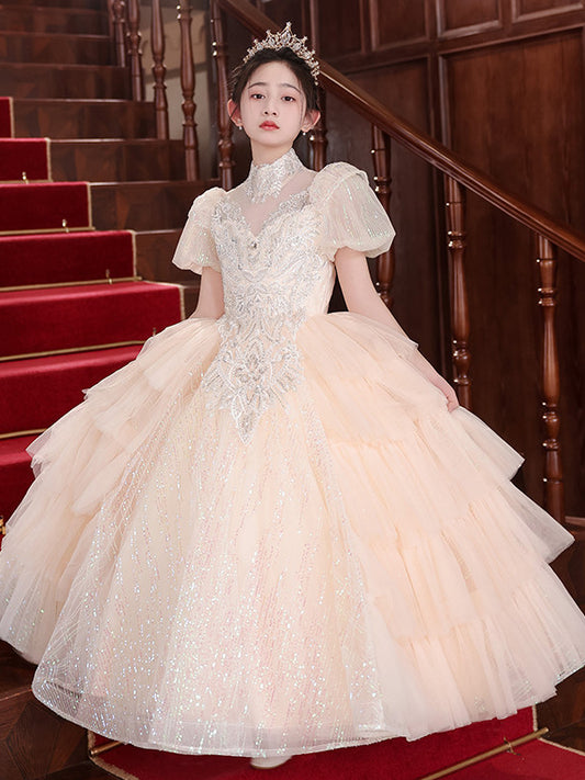Regal Ball Gown High Neck Puff Sleeve Closed Back Floor Length Pageant Dress