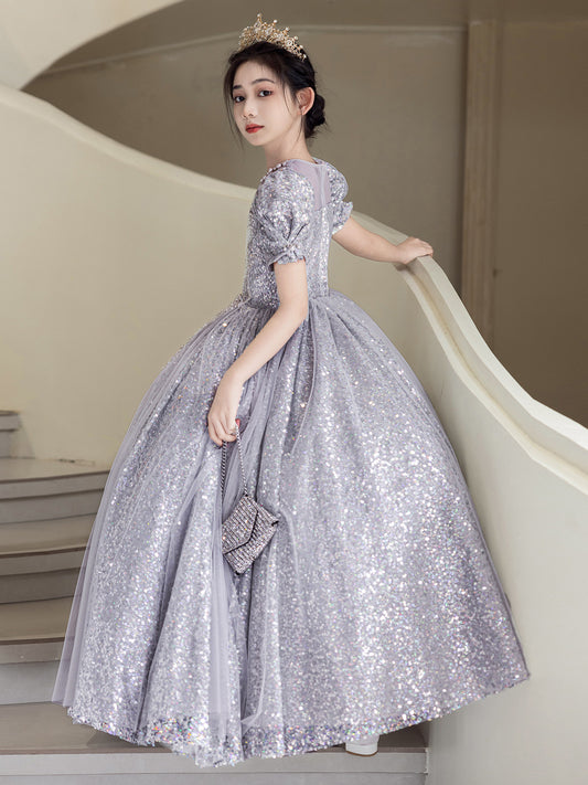 Sparkling Ball Gown Illusion Neck Puff Sleeve Sheer Back Floor Length Pageant Dress