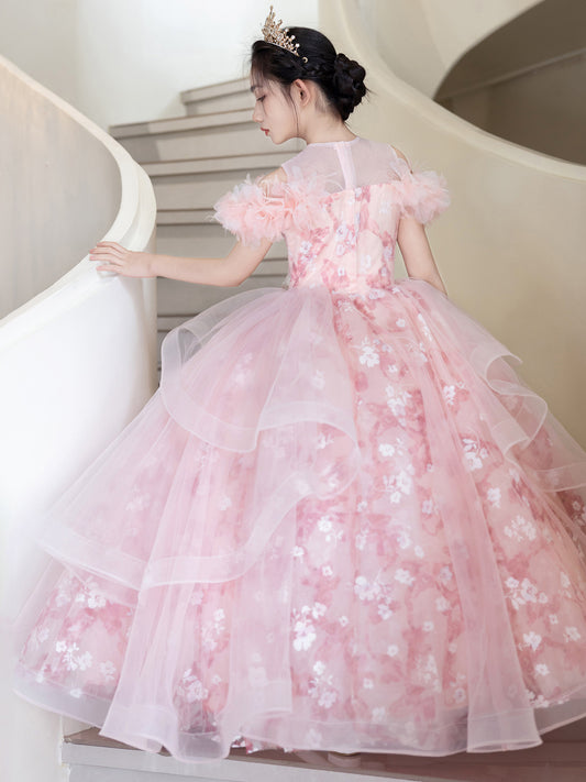 Dreamy Ball Gown Round Neck Floral Sleeves Zipper Back Floor Length Pageant Dress