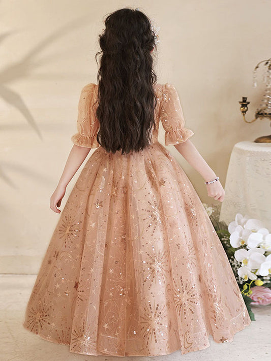 Sparkling A Line Square Neck Puff Sleeve Backless Long Pageant Dress