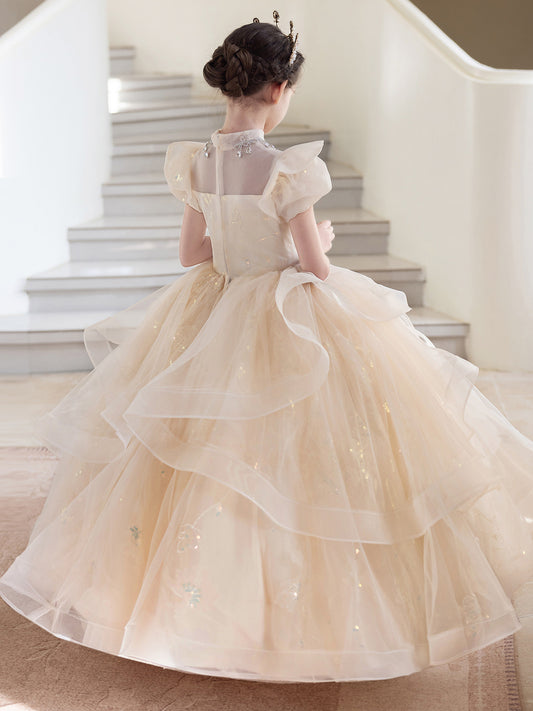 Luxury Ball Gown High Neck Ruffle Sleeve Zip Back Floor Length Pageant Dress