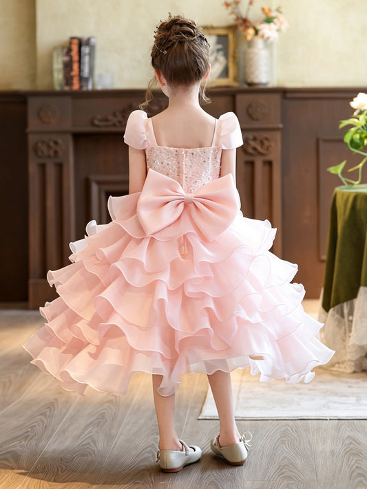 Elegant A Line Square Neck Cap Sleeve Bow Back Midi Pageant Dress