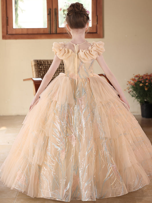 Elegant Ball Gown Ruffle Neck Cap Sleeve Zip Back Floor Length Pageant Dress