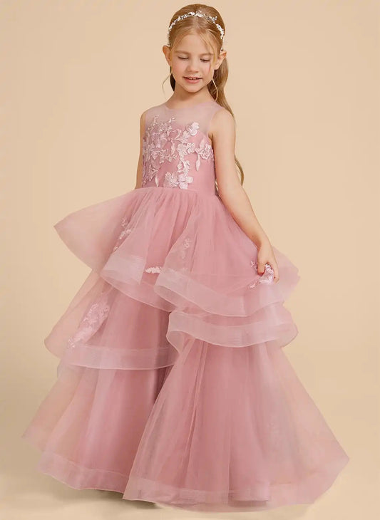 Elegant A Line Illusion Round Sleeveless Zipper Back Floor Length Flower Girl Dress