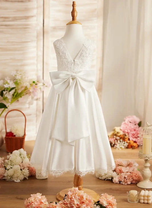 Elegant A-line Round Neck Sleeveless V-Back Tea-Length Flower Girl Dress